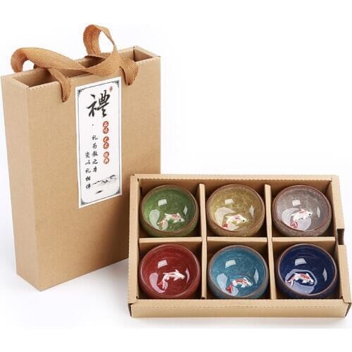 Gift Package 6pcs 3D Golden Fish China tea cup set,Kung Fu Tea Set Crackle Glaze Travel Tea Bowl Chinese Teacup Sets