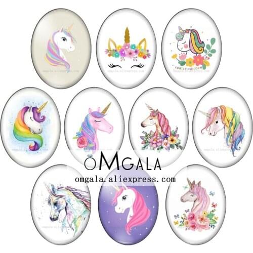 Cartoon Lovely Magic Unicorn Patterns 10pcs mixed 13x18mm/18x25mm/30x40mm Oval photo glass cabochon flat back Making findings