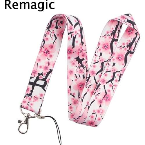 20pcs Pink Flowers Plum Blossom Lanyard for Key Phone Cool Neck Strap Lanyard for Camera Whistle ID Badge Cute webbing ribbon