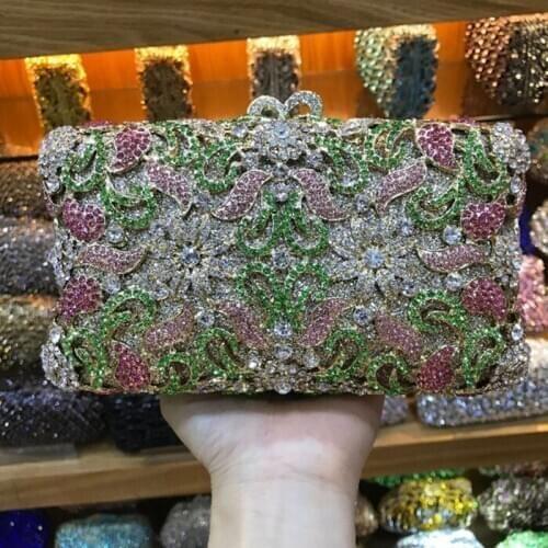 Green/pink/blue/gold Flower bags Women Evening Bags Crystal gift Box Minaudiere Purse Bridal Handbag Wedding Party Clutch wallet