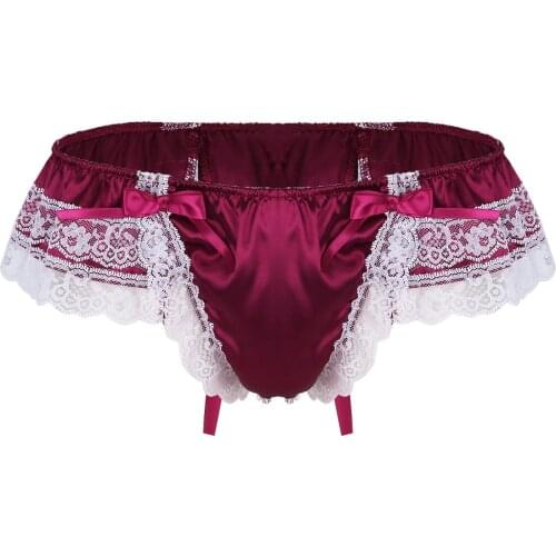 Mens Sissy Panties Soft Satin Lingerie Underwear Jockstraps Sissy Gay' Floral Lace Back with Big Bowknot Undwerwear Bikini Thong