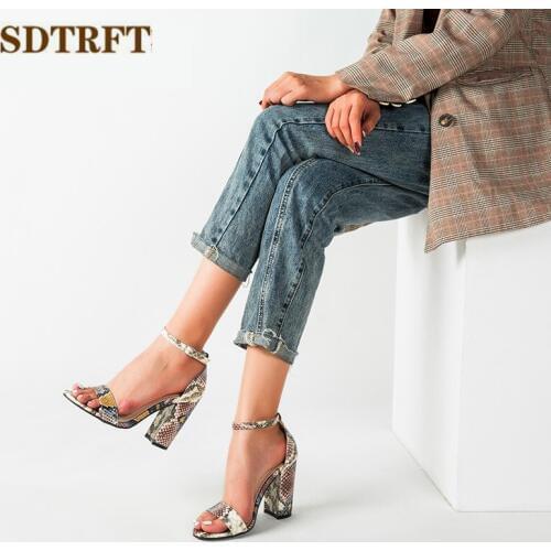 SDTRFT Summer shoes woman Stiletto Party Pumps Fish Mouth Sandals 10cm Thick High Heels serpentine Sandalias De Salto Alto
