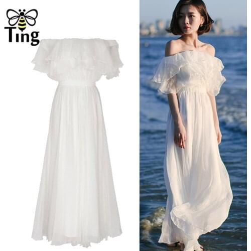 Tinfly Vintage Elegant Sexy Slash Collar Ruffles White Dress Party Dinner Dresses A Line Boho Street Chic Vestidos Sundresses Za