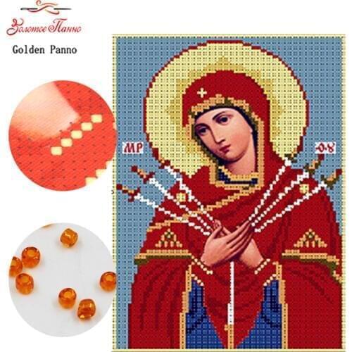 Golden Panno,Needlework,DIY,beads,Cross stitch,Embroidery stitch,Precise Printed painting,portrait Pattern,holy mother,red,sword