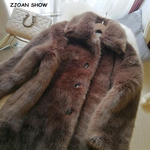 HIGH QUALITY New Winter Shaggy Single-breasted Buttons Lapel Faux Fur Coat Keep Warm Furry Fur Mid Long Women Jacket Outerwear