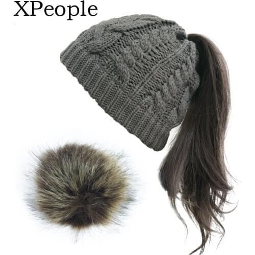 XPeople Cable Knit Pom Pom Top Cuffed Beanie Hat Winter Solid Cashmere Ski Hats With Ponytail Hole