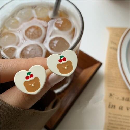 AOMU Romantic Lovely Resin Creamy White Bear Cherry Earrings Sweet Simple Irregular Geometric Love Heart Stud Earrings for Women