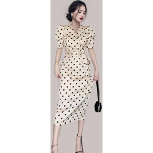 Elegant Summer Dresses Women Vintage Dot Printing Office Bodycon Sheath Dress Korean Puff Sleeve Occupation Pencil Vestidos