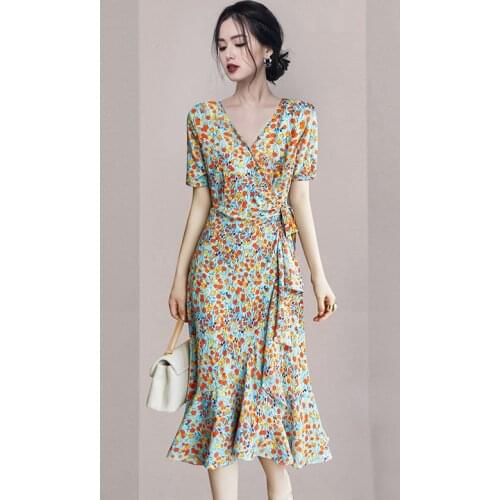 2021 Summer New Fashion French Vintage V Neck Floral High Waist Thin Ruffed Irregular Elegant Temperament Fishtail Women Dress