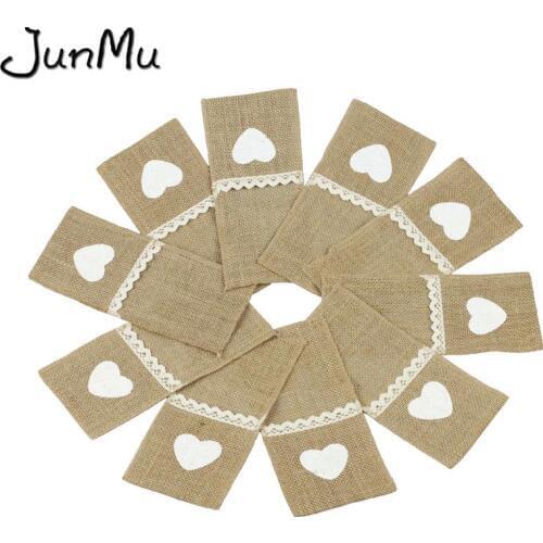 10pcs Lace Burlap Tableware Pouch Heart Pocket Jute Rustic Knife and Fork Bag for Wedding Decoration Party Tableware 4"x8"