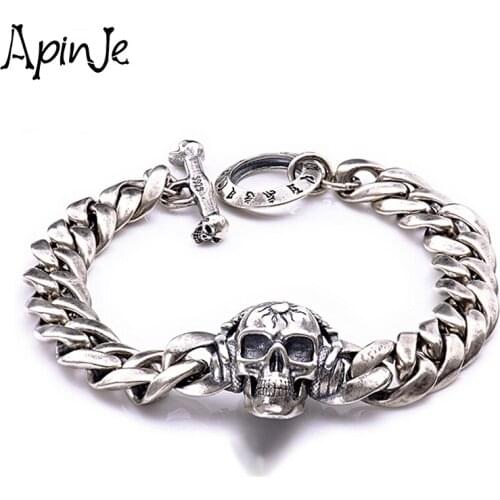 Apinje Punk Skull Bracelet 925 Sterling Silver Men Hip Hop Rock Chain Bangle Men Sports Jewelry