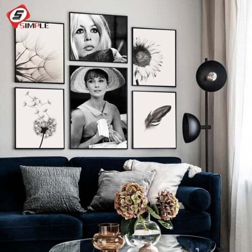 Black White Dandelion Feathers Posters and Prints Famous Sexy Movie Star Wall Art Canvas Painting Home Pictures Wall Decoration