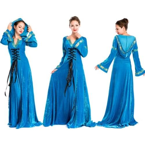 European Retro Court Dresses Blue Slinky Dress With Cap Tall Girl Princess Costume