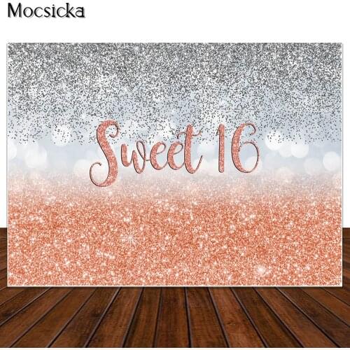 Sweet 16 Birthday Photography Background for Silver and Rose Gold Backdrop Sixteen Birthday Banner Backgrounds for Photo Studio