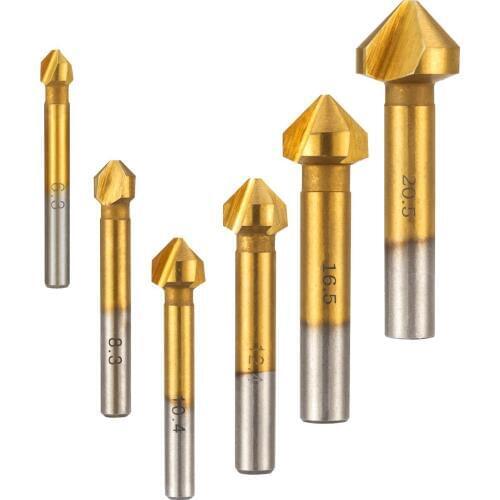 GTBL 6 pcs HSS Countersink Drill Bit Set 90 Degree 3 Flute Titanium Chamfer Cutter Mill Drill Bits