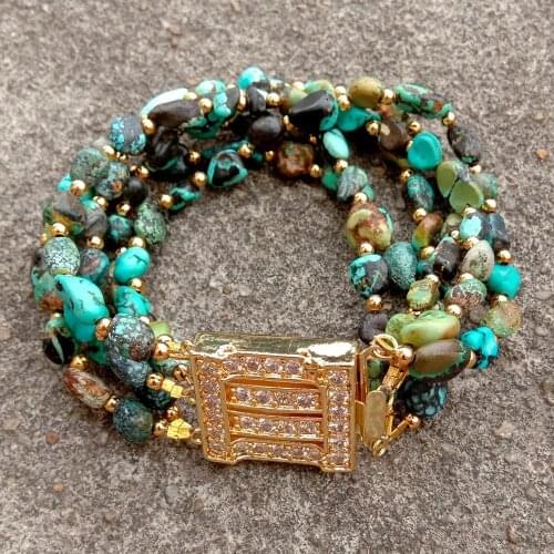 KKGEM 3 Strands Natural Green Turquoise Freeform Shape Strand Bracelet Multi Strands Bracelet Cz Pave Clasp