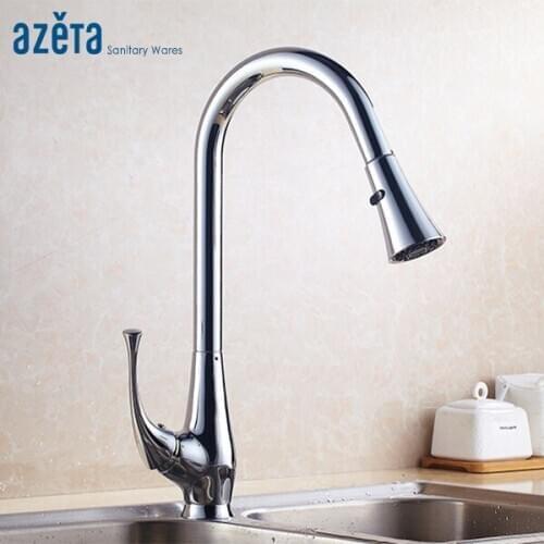 Azeta Modern Design Kitchen Water Faucet Dual Sprayer Water Outlet Chrome Brass Single Handle Pull Down Kitchen Tap MK9834