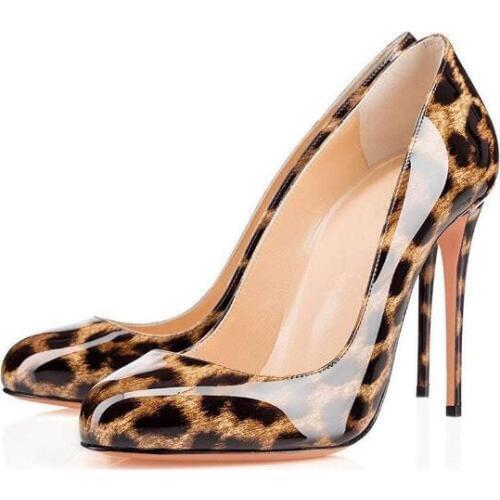 Patent Leather Round Toe High Heels Gladiator Women Shoes Sexy Leopard Dress Ladies Shoes Office Pumps Large Size