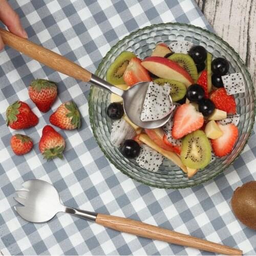 2 Pcs Salad Spoon Fork with Long Wooden Handle Set Stainless Steel Dessert Tool 85DA