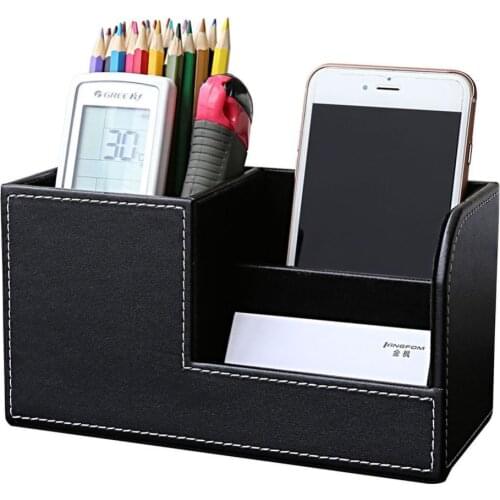 XRHYY Black Wooden Pu Leather Multi-function Desk Stationery Organizer Storage Box Pen/Pencil/Name Cards Remote Control Holder
