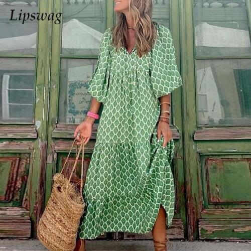 Fashion Autumn V Neck Drawstring Party Dress Casual Half Sleeve Loose Dresses Women Elegant Printed Vintage Long Dress Ladies