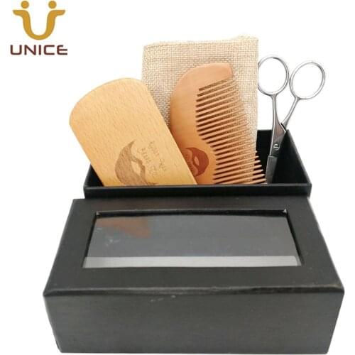 MOQ 100pcs Men Beard Care Kit in Gift Window Box Custom LOGO Fine & Coarse T th Wood Combs Boar Bristle Beard Brush & Scissors