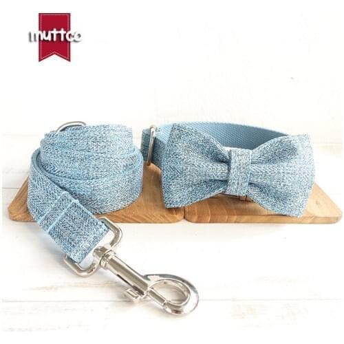 MUTTCO adjustable pet products customized puppy ID tag collar THE SKY BLUE SUIT Chihuahua Poodle dog collar and leash set UDC071