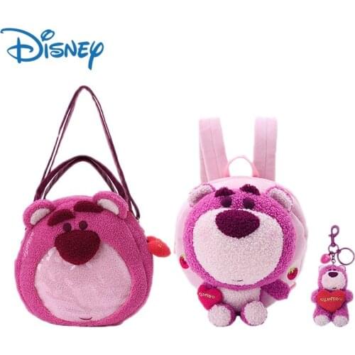 New Disney Kawaii Lotso Strawberry Bear Plush Backpack Shoulder Messenger Bags Handbag Plush Keychain Pendant Toys for Girls