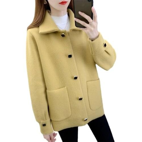 Autumn-Winter New double-sided woolen short coat womens Temperament knitted cardigan solid color jacket Lapel single-breasted