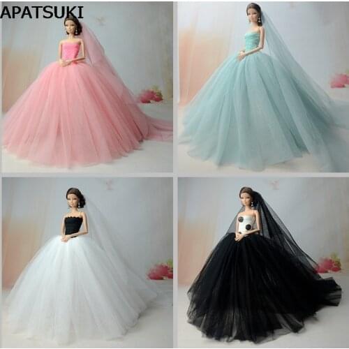 Doll Dresses High quality Handmade Long Tail Evening Gown Clothes Lace Wedding Dress +Veil For Barbie Doll 1:6 Doll Accessories