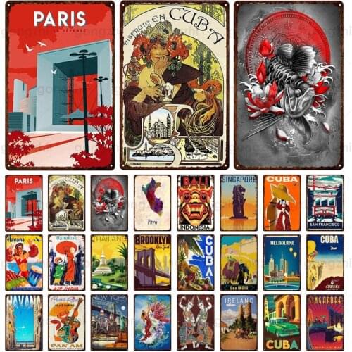 Popular Tourist City Vintage Metal Sign Retro Metal Tin Plaque Paris Cuba Hawaii Home Decor Art Poster Wall Sticker Travel Gift