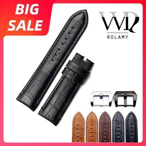 Rolamy 22 24mm TOP Black Luxury Watch Band Real Leather Handmade Thick Replacement Wrist Strap Belt Screw Buckle For Panerai