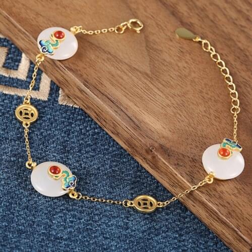 SA SILVERAGE Womens National Palace Classic Elegant Peace Clasp Hetian Jade Hand Ornament S925 Sterling Silver Coin Bracelet