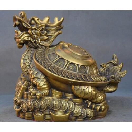 Old Chinese Feng Shui brass auspicious wealth yuanbao coin Dragon turtle statue