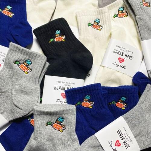 Mid Navy Middle Crew Street Fashion Socks Cotton Duckling Flying Little Duck Embroid Embroidery Japanese Daily Retro Game Sox