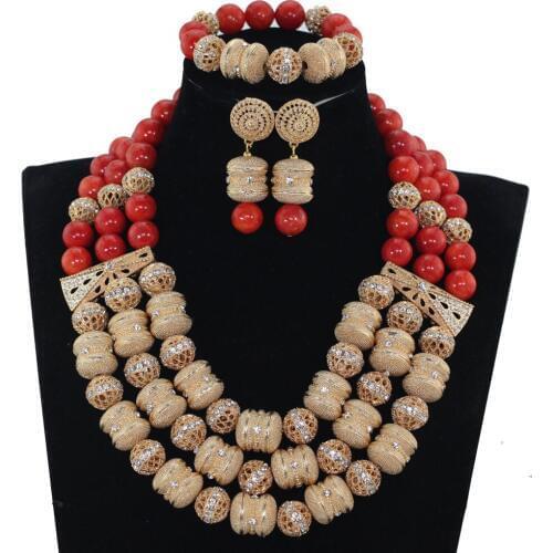 African Red Coral Beads Bridal Jewelry Set Dubai Gold Women Costume Party Jewelry Set Birthday Gift Free Shipping WE094