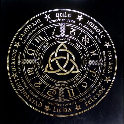 Pagan Wheel of The Year Witchcraft Gift Wiccan Calendar Gold Plated Pattern Tarot Cloth Flocked Fabric Pentacle Tablecloth Altar
