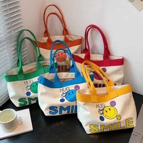 2021 Korean Spring Summer New Bag Smiley Cartoon Print Crossbody Student Canvas Tote Bag Female Smile Red Green Blue Handle