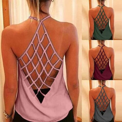 Ladies Fashion Summer Sleeveless Solid Color Halter Cross-Tie Printed Vest Hollow Out Grid Exposed Back Solid Color Sexy Vest