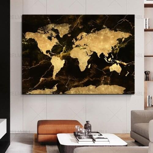 Golden Retro Old Map Pictures A Map Of The World Canvas Paintings For Living Room Prints Home Wall Decoration Posters No Frame