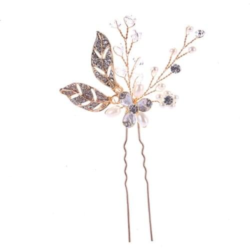 1PCS Gold Color Leaf Flower Pearl Hair Pins Bridal Wedding Hair Jewelry Accessories Crystal Women Handmade Rhinestone Ornament