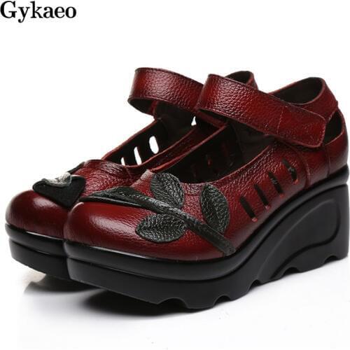 Gykaeo Beauty National Style Genuine Leather Sandals Hollowed Out Summer Women Shoes Flower Retro High Heeled Sandalia Feminina