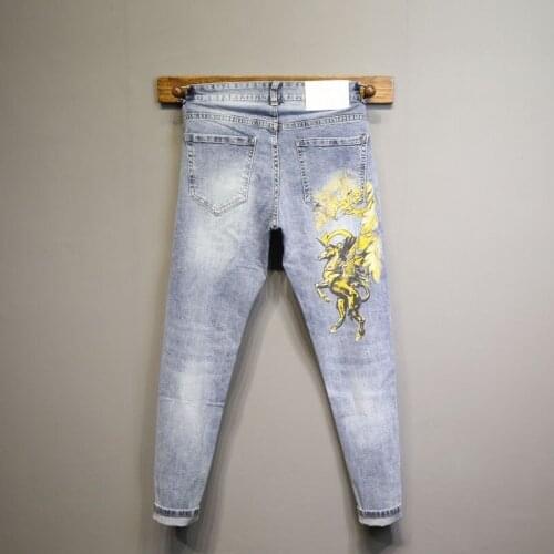 Spring Jeans Light Blue Luxury Printing Denim Pants Men Slim Pencil Pants Elasticity Washed Vintage Mens Jeans Button Trousers