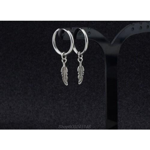 Hip Hop Kpop Leaf Titanium Feather Pendant Hoop Earrings Korean Jewelry Jy15 20 Dropship