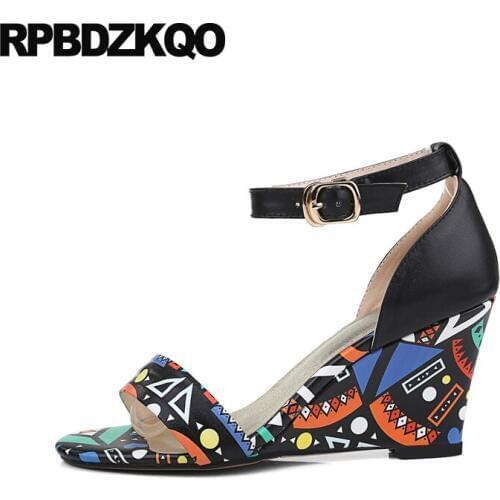 Wedge Designer Ankle Strap Sandals Fetish Shoes Big Size High Heels Large Open Toe Pumps Genuine Leather Floral Print Women