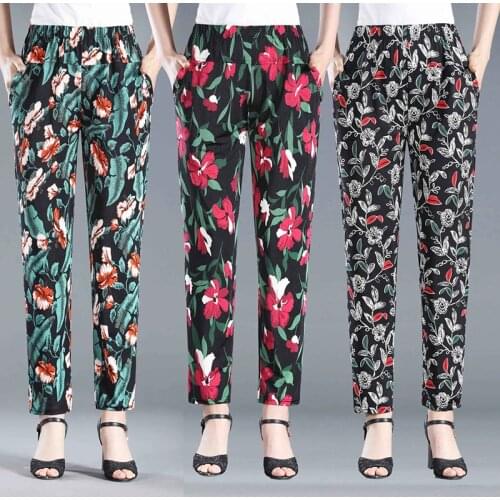Fashion printing High waist Elastic Staight Pants Women Casual Loose plus size summer thin pants Ladies Chic big floral trousers