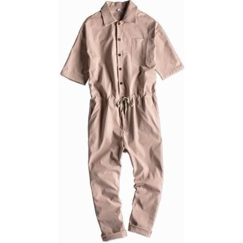 Mens summer lapel short-sleeved loose jumpsuit hip-hop streetwear mens work clothes mens casual comfortable trousers