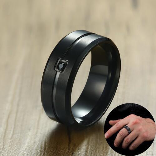 8MM Black Wedding Band Rings for Men Stainless Steel and Square Bezel CZ Grooved Inlay Comfort Fit Beveled Edge Male Jewelry