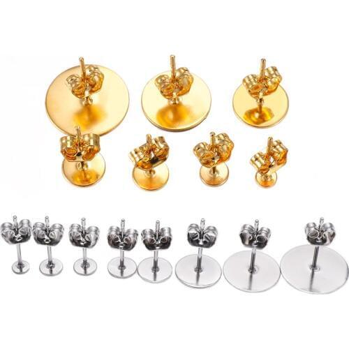 20-100pcs/lot 3-12mm Stainless Steel Blank Post Earring Stud Base Pins With Earring Plug Supplies For DIY Jewelry Making