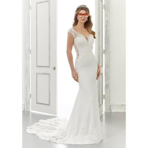 Sheer Back Wedding Dress 2020 Lace Bodice Satin Lace Spaghetti Straps Gothic Dress Wedding Sheath Cap Sleeve